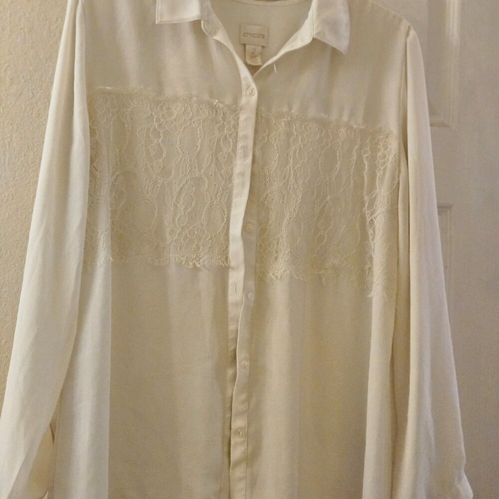 Chico's ivory creme long sleeve button down lace Work tunic blouse old money L - Picture 4 of 10